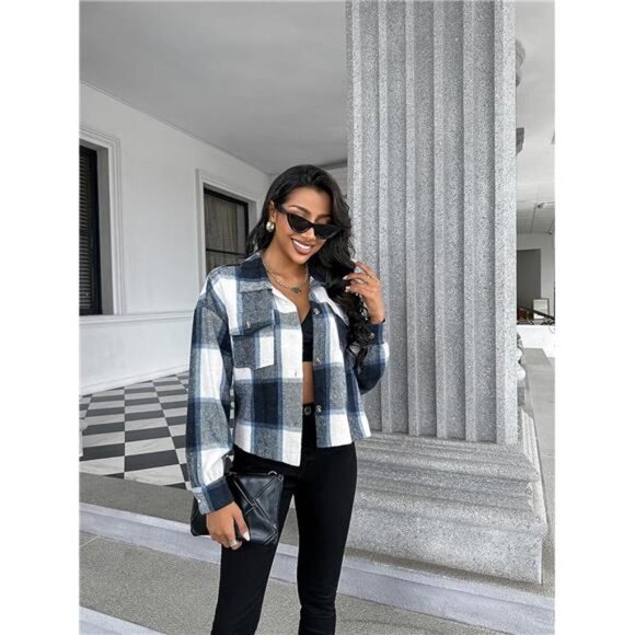 Blue Plaid Print Corduroy Cropped Jacket Shacket Button Down Long Sleeve Coat - Picture 2 of 6